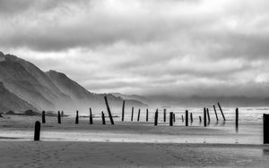 Preview wallpaper coast, pilings, sea, mountains, black and white