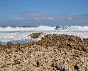 Preview wallpaper coast, reefs, sea, waves, foam, nature