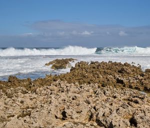 Preview wallpaper coast, reefs, sea, waves, foam, nature