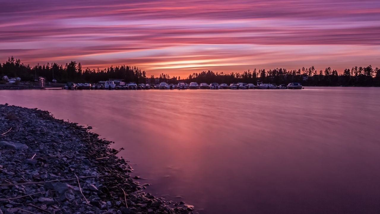 Wallpaper coast, river, pier, dawn