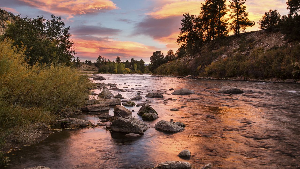 Wallpaper coast, river, stones, sunset, nature, landscape