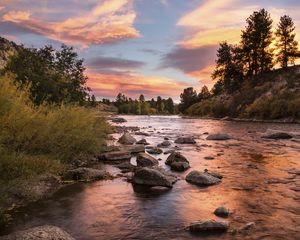 Preview wallpaper coast, river, stones, sunset, nature, landscape