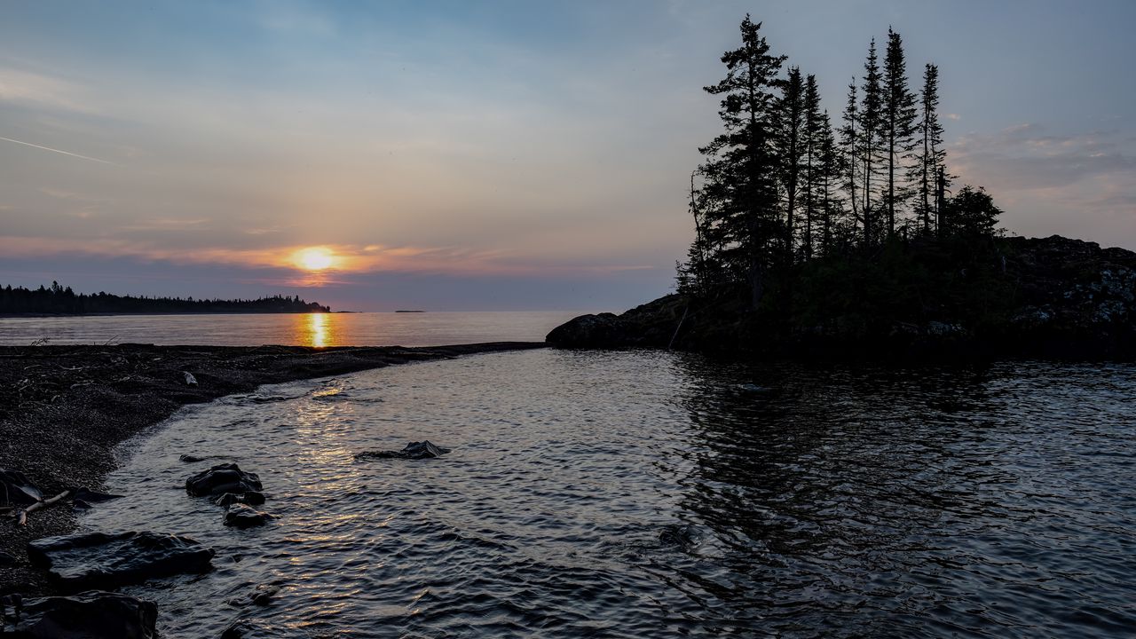 Wallpaper coast, river, stones, sunset, twilight, horizon