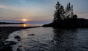 Preview wallpaper coast, river, stones, sunset, twilight, horizon