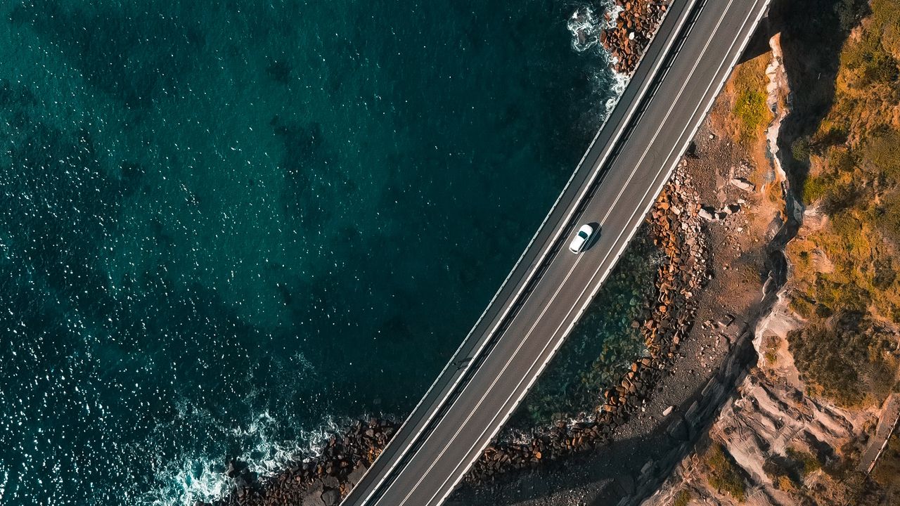 Wallpaper Coast, Road, Car, Aerial View Hd, Picture, Image