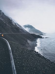 Preview wallpaper coast, road, sea, mountains, fog