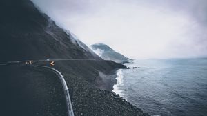 Preview wallpaper coast, road, sea, mountains, fog