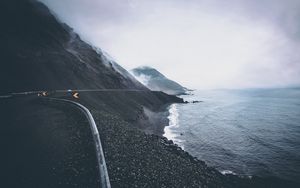 Preview wallpaper coast, road, sea, mountains, fog