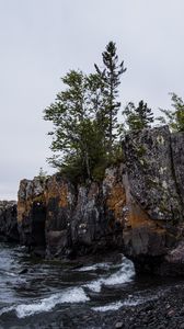 Preview wallpaper coast, rock, trees, sea, pebbles, nature