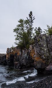 Preview wallpaper coast, rock, trees, sea, pebbles, nature