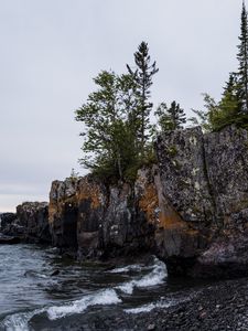 Preview wallpaper coast, rock, trees, sea, pebbles, nature