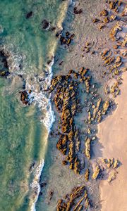 Preview wallpaper coast, rocks, aerial view, sea, beach