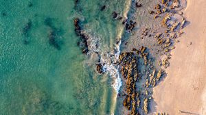 Preview wallpaper coast, rocks, aerial view, sea, beach