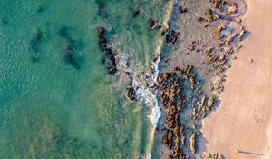 Preview wallpaper coast, rocks, aerial view, sea, beach
