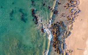 Preview wallpaper coast, rocks, aerial view, sea, beach