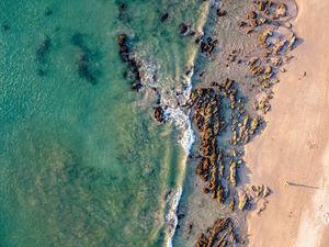 Preview wallpaper coast, rocks, aerial view, sea, beach