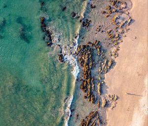 Preview wallpaper coast, rocks, aerial view, sea, beach