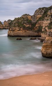Preview wallpaper coast, rocks, beach, cliff, sea