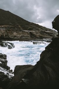 Preview wallpaper coast, rocks, bridge, waves, sea