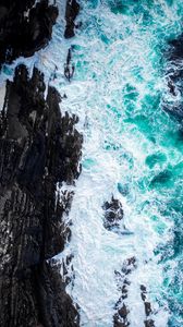 Preview wallpaper coast, rocks, foam, surf, aerial view