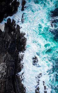 Preview wallpaper coast, rocks, foam, surf, aerial view