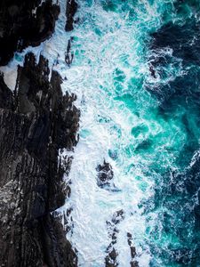 Preview wallpaper coast, rocks, foam, surf, aerial view