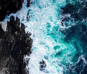 Preview wallpaper coast, rocks, foam, surf, aerial view