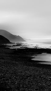 Preview wallpaper coast, rocks, fog, black and white