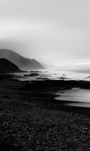 Preview wallpaper coast, rocks, fog, black and white