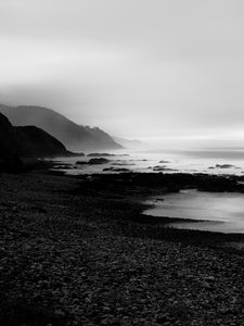 Preview wallpaper coast, rocks, fog, black and white