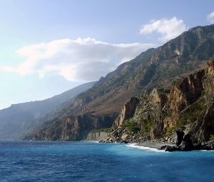 Preview wallpaper coast, rocks, height, water, blue