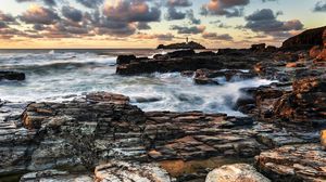 Preview wallpaper coast, rocks, ocean, twilight, landscape
