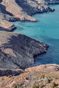 Preview wallpaper coast, rocks, sea, boat