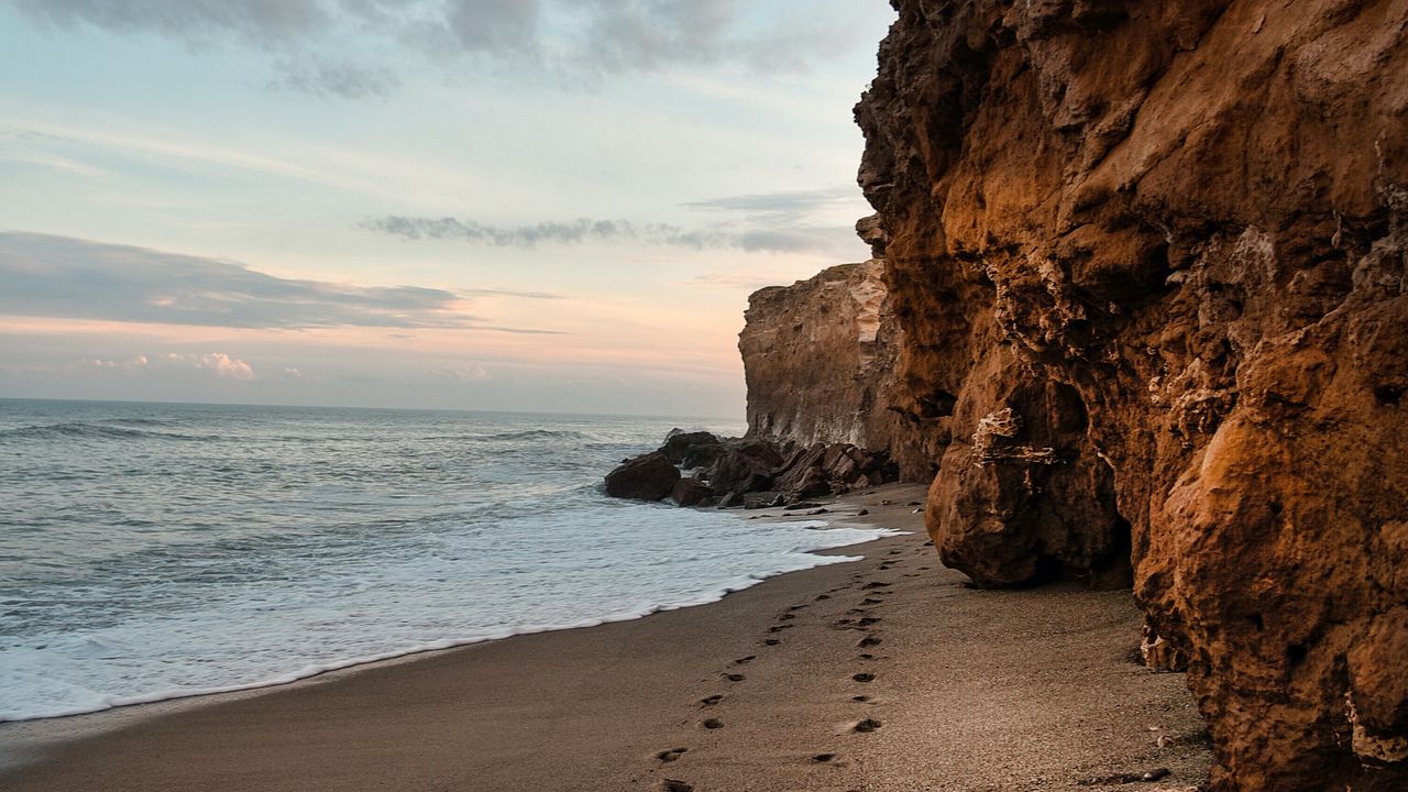 Wallpaper coast, rocks, sea, sand, sky