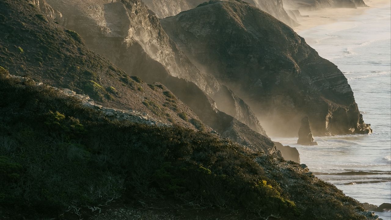 Wallpaper coast, rocks, sea, fog, landscape