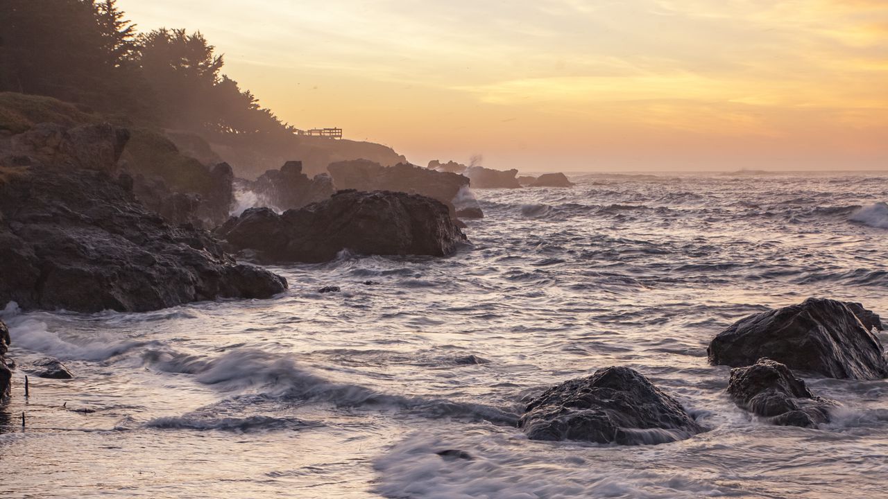 Wallpaper coast, rocks, sea, sunset