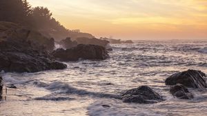 Preview wallpaper coast, rocks, sea, sunset