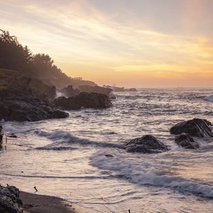 Preview wallpaper coast, rocks, sea, sunset
