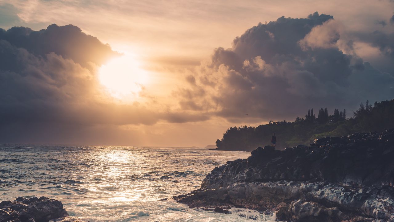 Wallpaper coast, rocks, sea, sun, sunset