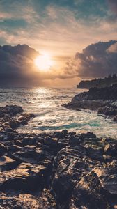 Preview wallpaper coast, rocks, sea, sun, sunset