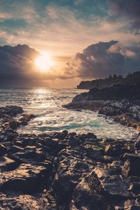 Preview wallpaper coast, rocks, sea, sun, sunset