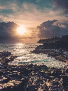Preview wallpaper coast, rocks, sea, sun, sunset