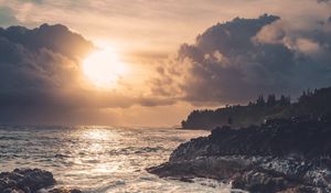 Preview wallpaper coast, rocks, sea, sun, sunset