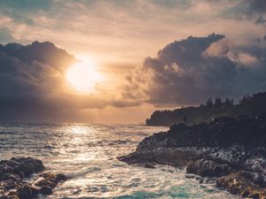 Preview wallpaper coast, rocks, sea, sun, sunset