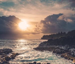 Preview wallpaper coast, rocks, sea, sun, sunset