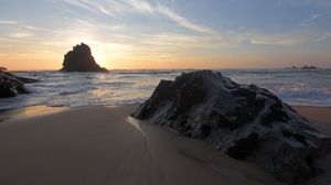 Preview wallpaper coast, rocks, sea, water, sunset