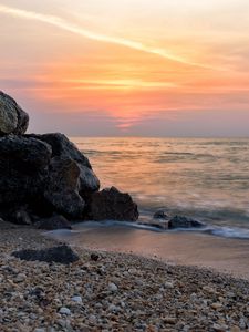 Preview wallpaper coast, rocks, sea, water, waves, sunset