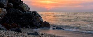 Preview wallpaper coast, rocks, sea, water, waves, sunset