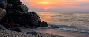 Preview wallpaper coast, rocks, sea, water, waves, sunset