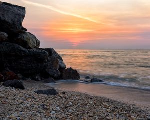 Preview wallpaper coast, rocks, sea, water, waves, sunset